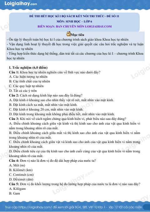 Đề thi học kì 1 KHTN 6 Kết nối tri thức - Đề số 11